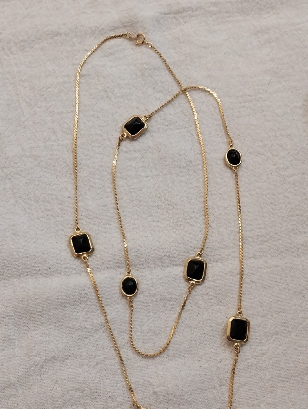 Gold Long Station Necklace with Black Stones